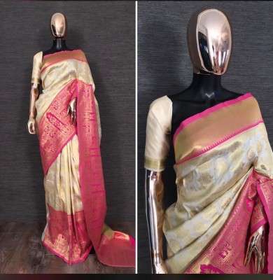 KAMALKUNJ DESIGNER Woven, Self Design, Striped Banarasi Cotton Silk, Jacquard Saree(Pink)