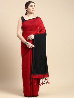 Desh Bidesh Solid/Plain Handloom Cotton Blend, Pure Cotton Saree(Red, Orange)