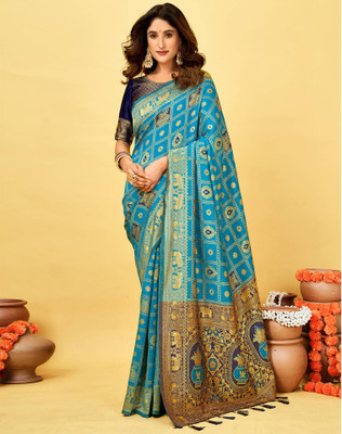 Satrani Woven, Embellished Banarasi Silk Blend Saree(Blue)