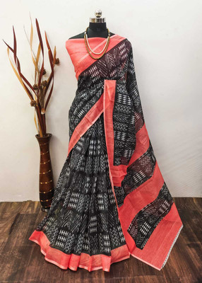 AARAANA Floral Print, Self Design, Striped Kanjivaram Linen, Cotton Linen Saree(Black, Pink)
