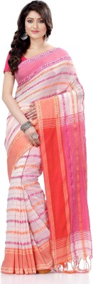 Desh Bidesh Striped Handloom Handloom Pure Cotton Saree(White, Pink)