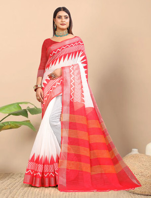 PRTRENDZ Printed Kanjivaram Pure Cotton, Cotton Linen Saree(White, Red)