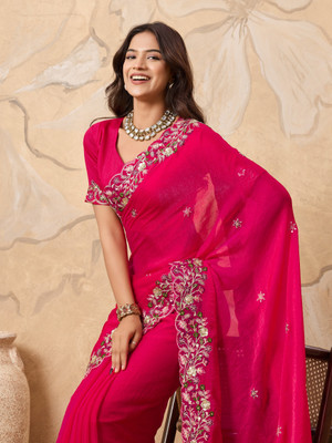 sareya veela Embroidered, Floral Print, Embellished Bollywood Chiffon Saree(Pink)