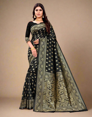 The Style Sanctuary Woven Banarasi Silk Blend Saree(Dark Green)
