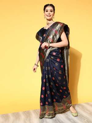 Divastri Floral Print Banarasi Silk Blend Saree(Dark Blue)