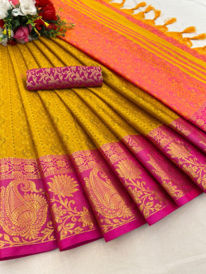 yourwish Woven, Embellished, Self Design Banarasi Silk Blend, Jacquard Saree(Gold, Pink)