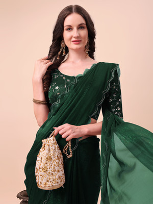 Vastramela Embroidered Bollywood Chiffon Saree(Dark Green)