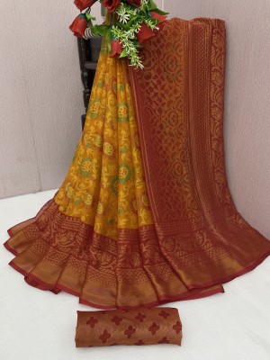 VILLAGIUS Blocked Printed Bollywood Chiffon, Brasso Saree(Mustard)