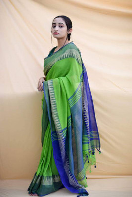 Joyguru Textile Solid/Plain Handloom Pure Cotton Saree(Green)