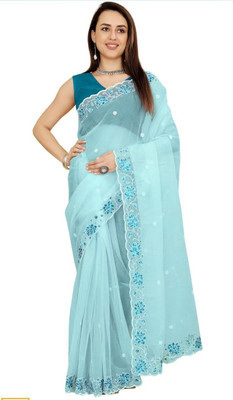 NIYANTAKSH Embroidered Bollywood Net Saree(Light Blue)
