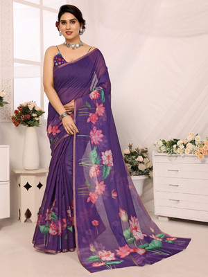 Moda Rapido Floral Print Bollywood Silk Blend Saree(Purple)