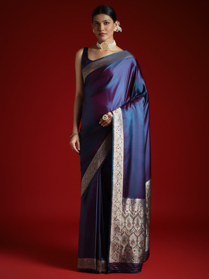 Tasrika Solid/Plain Banarasi Satin, Silk Blend Saree(Blue)