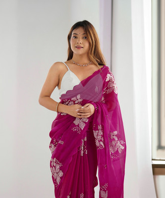 Satrani Embellished, Embroidered Bollywood Jimmy choo, Chiffon Saree(Pink)