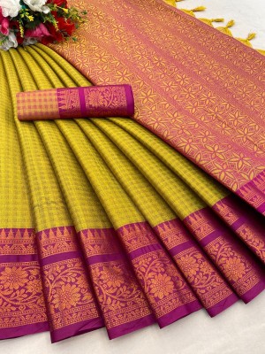 Divastri Woven Banarasi Cotton Silk, Art Silk Saree(Light Green, Pink)