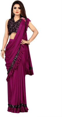 LGCREATION Solid/Plain Bollywood Lycra Blend Saree(Purple)