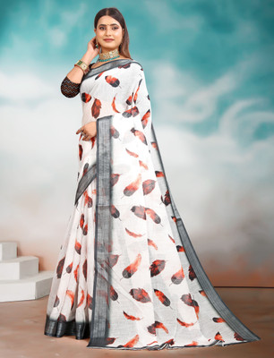 PRTRENDZ Printed Kanjivaram Pure Cotton, Cotton Linen Saree(White, Brown)