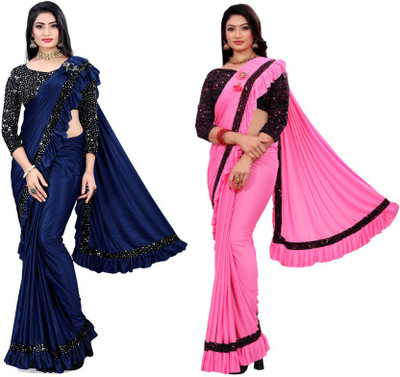 HARIOM FASHION Woven, Embellished, Solid/Plain Bollywood Lycra Blend Saree(Pack of 2, Multicolor)