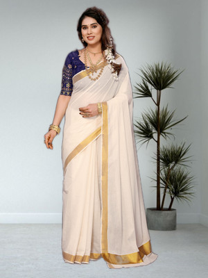 Saran Solid/Plain Kasavu Pure Cotton Saree(Beige)