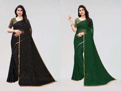FABMORA Printed Daily Wear Chiffon Saree(Pack of 2, Dark Green, Black)