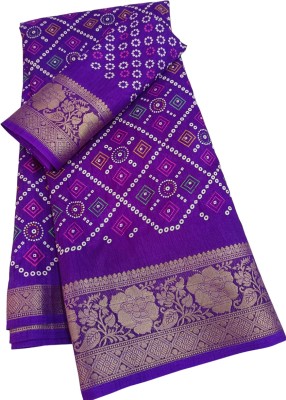 megha creations Printed, Digital Print Banarasi Silk Blend Saree(Purple)