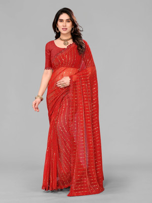 AKFABRICS Embellished Bollywood Lycra Blend Saree(Red)