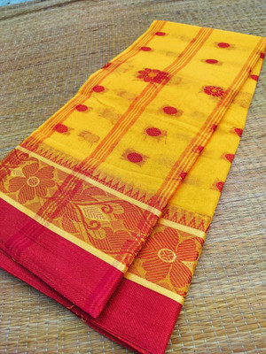 Maasaree Temple Border Tant Pure Cotton Saree(Yellow)