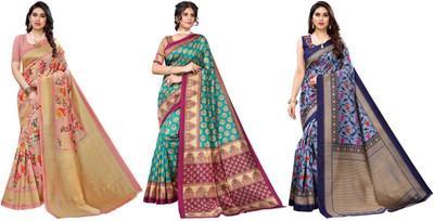 Priyashi Printed Kanjivaram Art Silk Saree(Pack of 3, Pink, Blue)