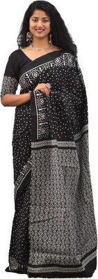 Clothonus Printed Ikkat Pure Cotton Saree(Black)