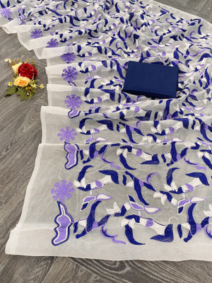 MADHAV Embroidered Bollywood Organza Saree(White, Blue)