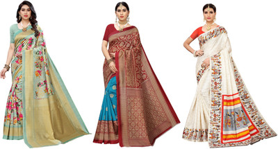 YASHIKA Woven Kalamkari Art Silk Saree(Pack of 3, Light Green, Blue, Red, Cream)