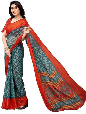 Ghan Sals Printed Bollywood Brasso Saree(Light Blue, Red)