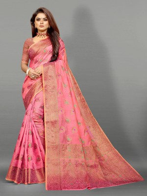 SWDHRM Printed, Self Design, Woven, Floral Print Banarasi Jacquard, Cotton Silk Saree(Pink)