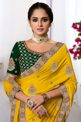 Anjani Textile Embroidered Bollywood Silk Blend Saree(Yellow)