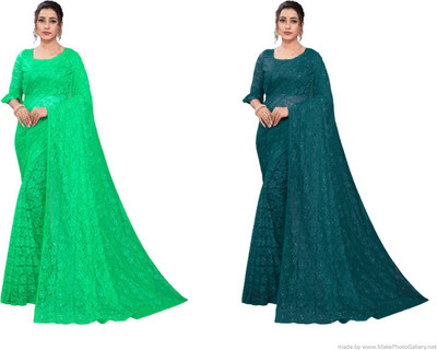 Paanthcreation Self Design Bollywood Net Saree(Pack of 2, Light Green, Green)