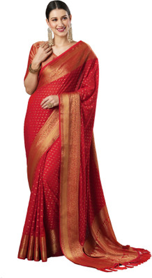 Akhilam Embroidered Kanjivaram Georgette Saree(Red)