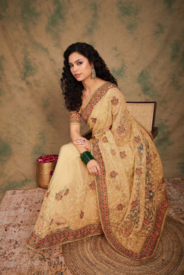 Divastri Embroidered Chanderi Net Saree(Beige)