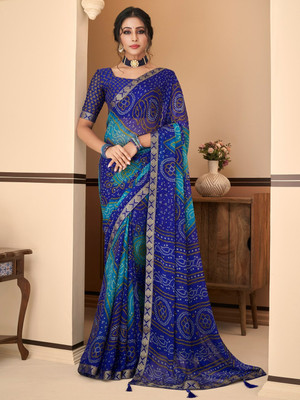 Spacekart Printed Bandhani Georgette Saree(Blue)