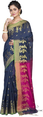 ADbutiq Self Design Tant Cotton Blend Saree(Dark Blue)