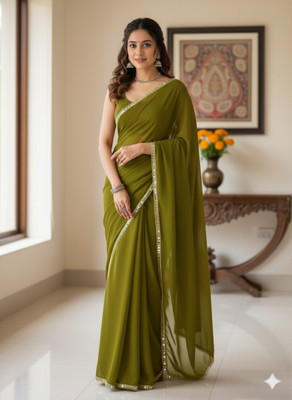 LA LILY Embellished, Solid/Plain, Self Design Bollywood Georgette Saree(Dark Green)