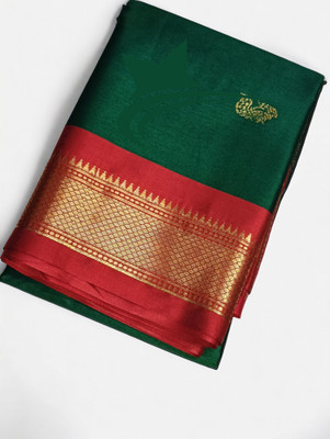ns collection Embellished Kanjivaram Cotton Silk Saree(Dark Green)