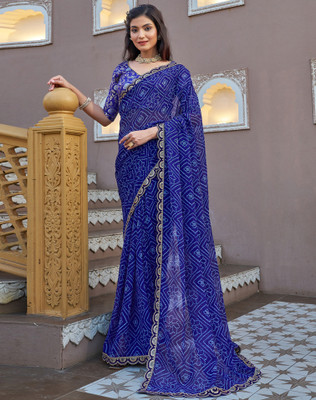 SIRIL Printed, Embroidered, Embellished Bandhani Georgette Saree(Blue)