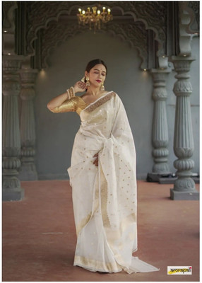 ANUVRATA Self Design, Solid/Plain Banarasi Cotton Blend Saree(White)