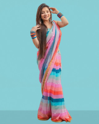 SHOBHTESH Digital Print, Printed, Striped Leheria Georgette Saree(Multicolor)