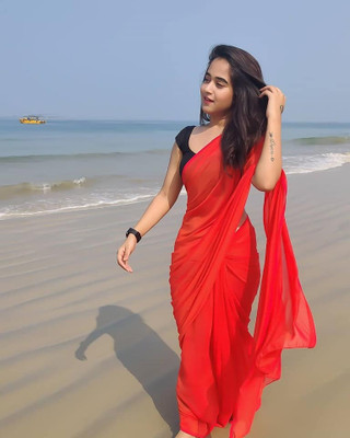 HESVI Solid/Plain Bollywood Georgette Saree(Red)