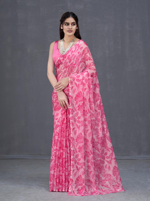 GARDEN VARELI Floral Print Bollywood Chiffon Saree(Pink)