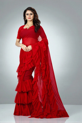 fFASHION Solid/Plain Bollywood Georgette Saree(Red)