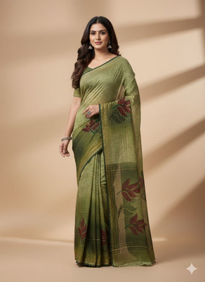 UNBRENDED Floral Print Banarasi Silk Blend Saree(Dark Green)