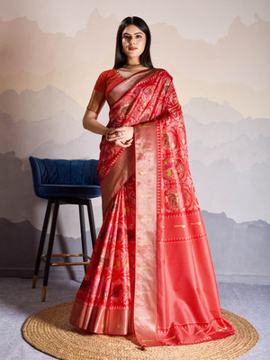 Meena Bazaar Woven Bollywood Art Silk Saree(Red)