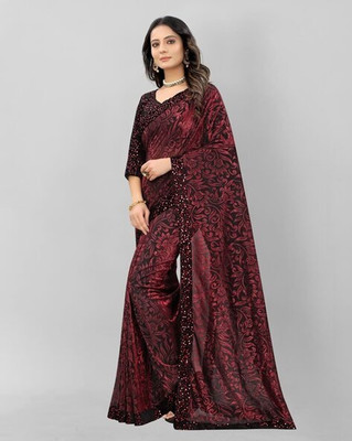 Vragi Embroidered Bollywood Lycra Blend Saree(Maroon)