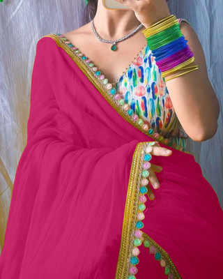 Edina Solid/Plain Bollywood Georgette Saree(Pink)